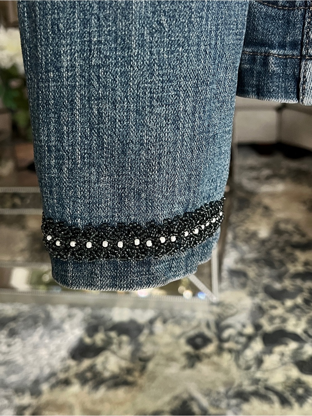 Washed Blue Denim Jacket with Bead-Trim Stand Collar - Picture 4 of 15